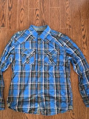Marc Ecko Blue Plaid Long-Sleeve Button-Up Shirt